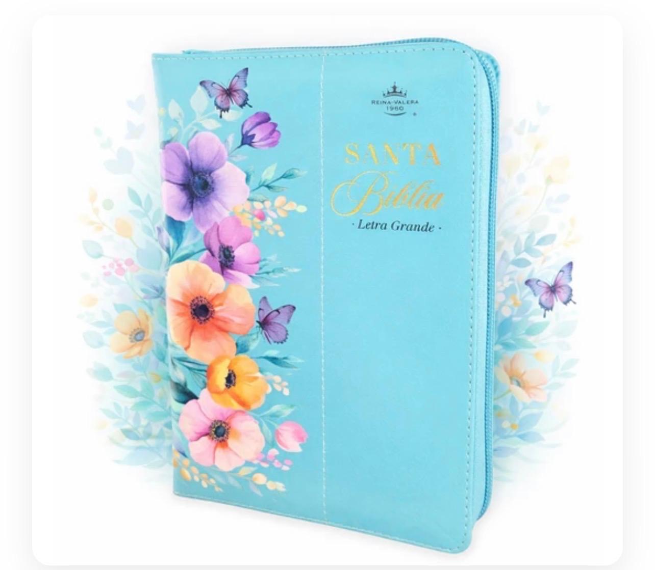 Reina Valera 1960 Biblia letra grande 12 puntos  - Flores y Turquesa